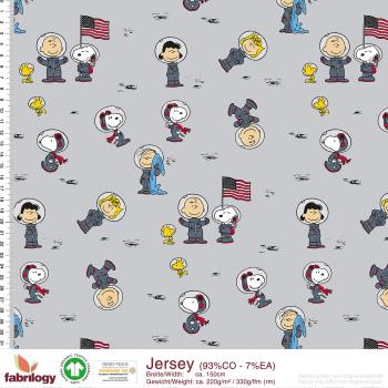 Baumwoll Jersey bedruckt Peanuts Snoopy USA Mondlandung auf Hellgrau